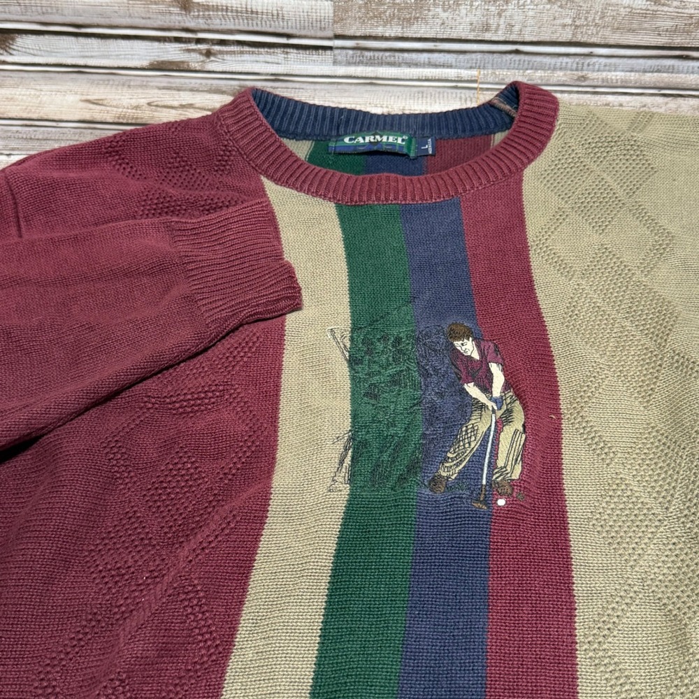 Carmel Sweater Mens Large Multicolor Golf Embroidered Vertical Stripe Knit USA